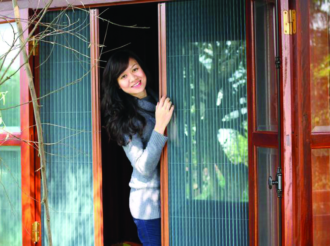 CỬA LƯỚI CHỐNG MUỖI XẾP 2 CÁNH MÀU VÂN GỖ TAY NỔI